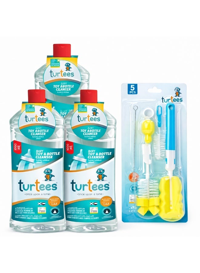 Turtees Baby Toy & Bottle Cleanser 1000ml (Pack of 3) with Bottle Cleaning Brush Set | Gentle Baby Bottle Wash | Removes Milk Residue & Odour | Suitable for Bottles, Nipples & Toys - Image 1